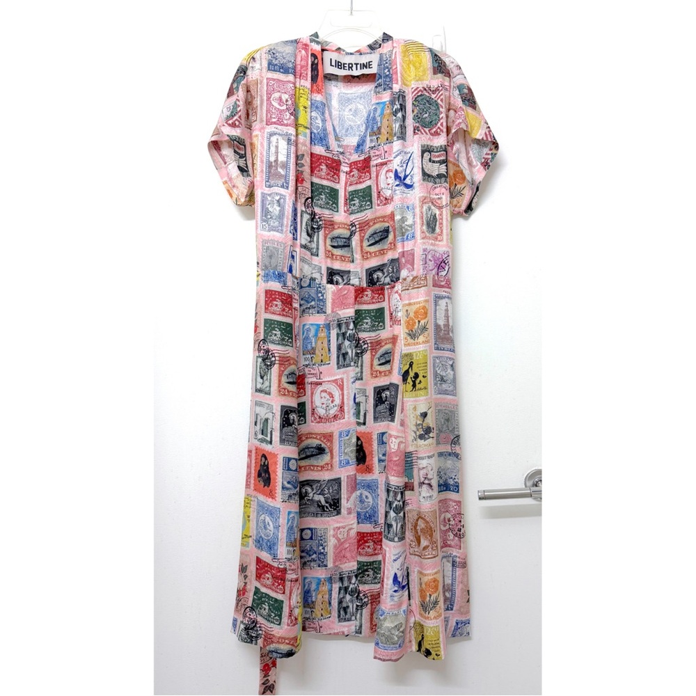 Libertine Sending Our Love Stamp Print Tuck Pleat V Neck Dress Pink Silk XXL